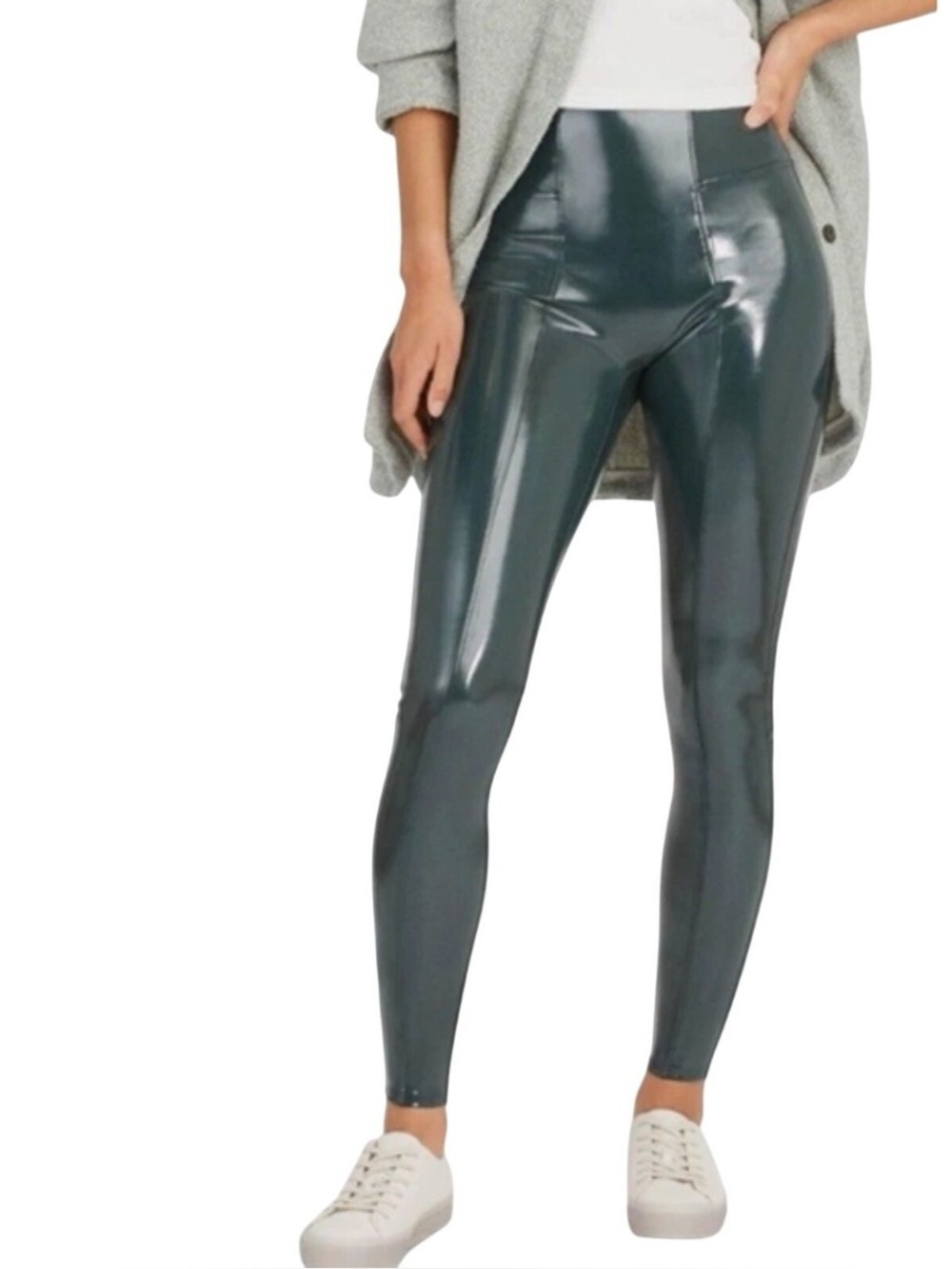 Spanx Black Patent Faux‎ Leather High Rise Leggings Shiny Liquid Pants Womens M